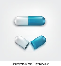 Zwei Kapseln pillen weiße und blaue Farbe einzeln auf weißem Hintergrund. Eine offen und geschlossen. Hintergrund für Apothekengeschäft oder Apotheke. Vektorillustration-Design für Medizin oder Pharmazie
