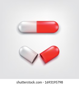 Two capsule pills white and red color isolated on white background. One open and close. Background for pharmacy shop or drugstore. Element of vector design for medical or pharmaceutics concept
