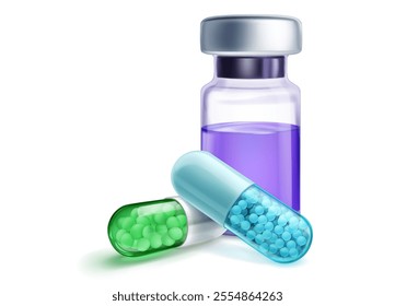 Two capsules, one green and one blue with drug granules inside, alongside a bottle containing a purple liquid. With shadows on a white background.