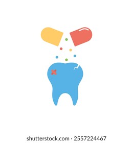 Two capsules releasing medicine onto damaged tooth for repair icon