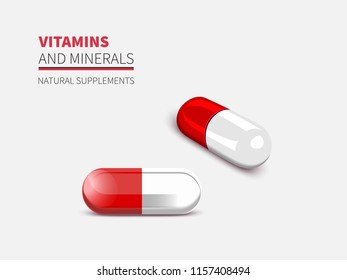 Two capsules,magic pill close-up, isolated on white background.Vector illustration of red tablet.
