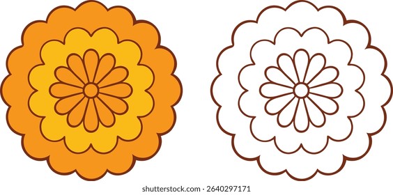 Two captivating abstract retro flowers blossom in this vibrant vector illustration. Featuring warm orange and outlined brown hues, the design evokes a vintage floral aesthetic
