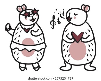 Two capybaras dance and sing, black line vector doodle, festive mood, trendy kawaii characters, big friendly rodents for a postcard, coloring page, fabric prints, etc.