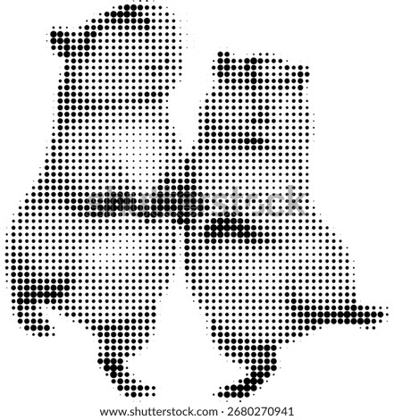 Two capybaras dancing together, in love, halftone style, retro pop art dotted texture, black and white illustration, minimalistic vector, isolated on white background, playful and romantic mood, artis