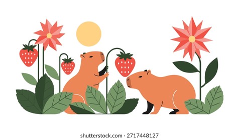 Duas capivaras explorando um campo de morangos gigantes e flores vermelhas brilhantes sob um sol quente em um estilo de vetor plano.