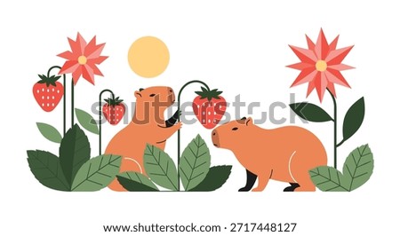 Two capybaras exploring a field of giant strawberries and bright red flowers under a warm sun in a flat vector style.