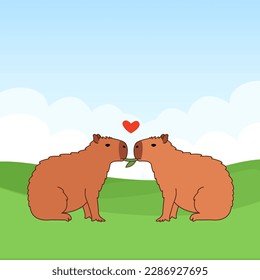 Dos capibaras enamoradas comiendo pasto. Un animal lindo al estilo de las caricaturas. Ilustración para publicación en medios sociales, diseño, postal, afiche.