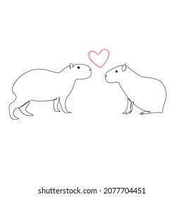 Two capybaras in love. One line hand drawn minimalist illustration isolated on white background. 