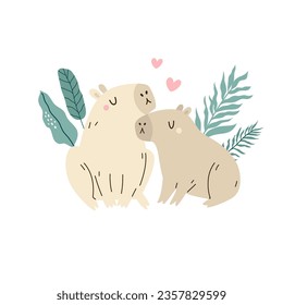 Two capybaras in love sitting in a jungle forest. Romantic design with cute animals
