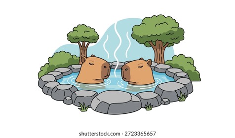 Dos capibaras empapados en una fuente termal humeante rodeada de rocas y árboles en un entorno natural al aire libre tranquilo.