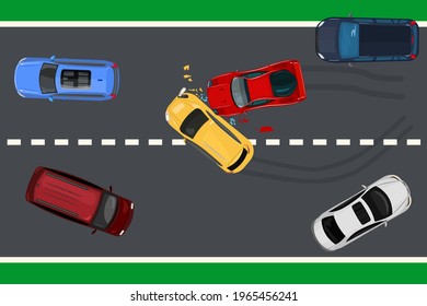 Two Car Accident Top View.  Vehicle Collision On The Road. Car Crash Concept. Highroad With Crashed Transport. Red And Yellow Car Are Broken In The Highway. Auto Insurance. Stock Vector Illustration