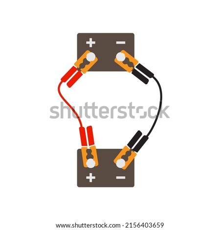 Two car batteries with jumper power cables, charging battery, starting car, color icon isolated on white background, vector illustration.