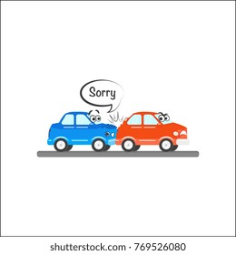 Two car characters have road accident, rear end collision, side view cartoon vector illustration isolated on white background. Two cartoon car characters have traffic accident, rear collision