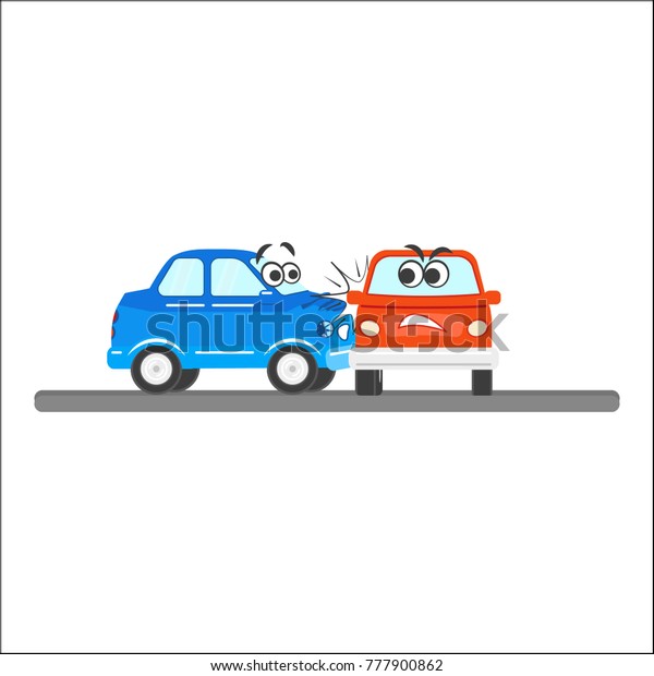 Two car characters have road accident, side
collision, side view cartoon vector illustration isolated on white
background. Two cartoon car characters have traffic accident, side
collision on street