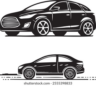 two car high contrast illustration vector line black on white line art modern transportation silhouettes