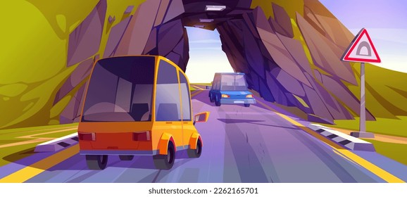 Two car ride tunnel road with warning sign vector cartoon landscape. Highway through nature corridor path in summer. Trip route with mountain view. Underground construction to drive vehicle near hill