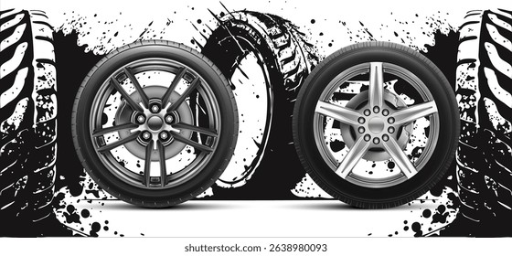 Two car tires are showcased side by side, featuring different designs. A vibrant mural in the background emphasizes movement and power, enhancing the visual contrast of the tires.