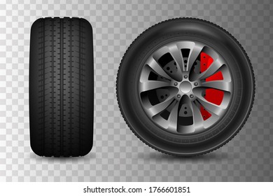 Two car wheel icons. Vector realistic illustration. Wheel with brake disc