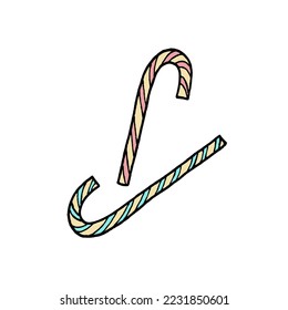 Two caramel candy canes in pastel colors, hand-drawn in the style of doodles. Vector EPS 10.