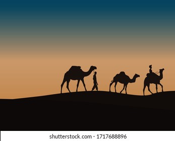 Two Caravan with camels in desert with mountains on background. Vector illustration designed by alfaysal360.