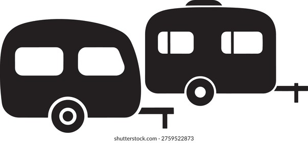 Dos iconos de siluetas de remolque de caravana, vehículo recreativo, casa móvil, viaje, concepto de camping