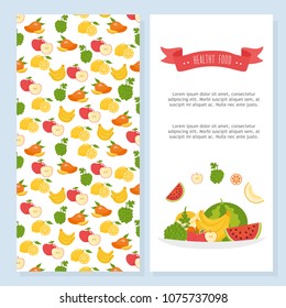 Two card collection with summer fruits. Healthy food. Card or flyer for printing. Bright illustration with different elements of summer. Place for your text.