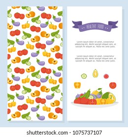 Two card collection with summer vegetables. Healthy food. Card or flyer for printing. Bright illustration with different natural food elements. Place for your text.