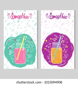 Two card templates in bright colors with doodle style jars with smoothie 