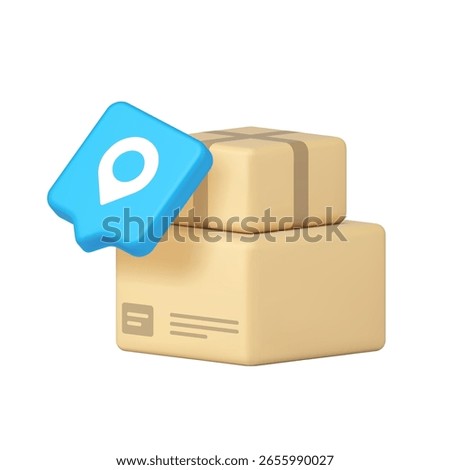 Two cardboard boxes with a blue tracking pin symbolize modern delivery services and logistics. Suitable for digital business, shipping, and e-commerce purposes. 3d icon realistic vector illustration