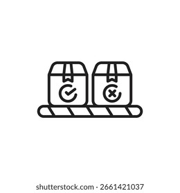Dos cajas de cartón en una cinta transportadora. La casilla izquierda tiene una marca de verificación (✓) que indica aceptado o procesado, mientras que la casilla derecha tiene una cruz (X) que sugiere rechazado o no procesado.