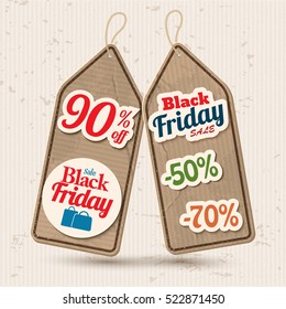 Two cardboard tags with black friday sale and discount stickers application cut from paper flat vector illustration