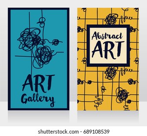 two cards for abstract art, can be used for art gallery of for art therapy classes, blue and yellow colors, vector illustration