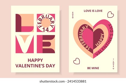 Dos cartas de formas geométricas abstractas y texto. Concepto creativo del Feliz Día de San Valentín. Corazón y amor al estilo bauhaus. Diseño de moda para tarjetas o afiches, publicidad, ventas, marca.