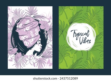 Dos tarjetas para el espíritu africano y las vibraciones tropicales, se pueden utilizar para la fiesta de verano, ilustración vectorial de estilo dibujado a mano