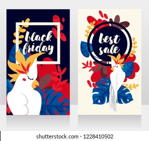 Two cards for black friday sale, design with tropical leaves and cute white parrot, vector illustration