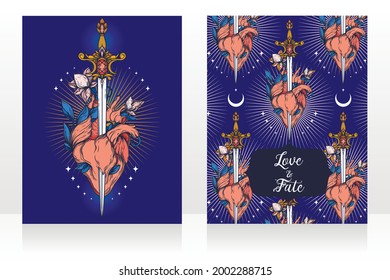 Two cards with blooming heart with sword in it, symbol of love and self-knowledge, vector illustration