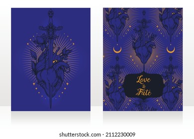 Two cards with blooming heart with sword in it, symbol of love and self-knowledge, deep blue colour, vector illustration