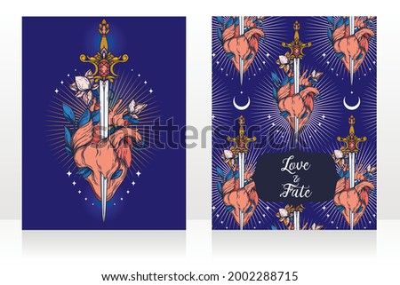 Two cards with blooming heart with sword in it, symbol of love and self-knowledge, vector illustration
