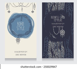 two cards for boho style, can be used us party invitation or us boho shop business cards, feathers and dream catcher frame, vector illustration