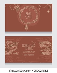 two cards for boho style, can be used us party invitation or us boho shop business cards, feathers and dream catcher frame, vector illustration