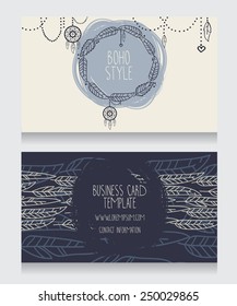 two cards for boho style, can be used us party invitation or us boho shop business cards, feathers and dream catcher frame, vector illustration