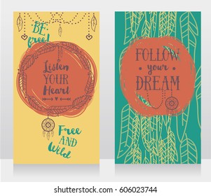 Two cards for boho style, can be used us party invitation or as boho shop business cards, feathers and dream catcher frame, vector illustration