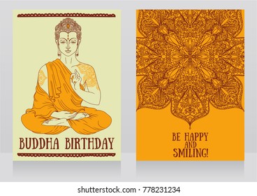 two cards for Buddha birthday with beautiful asian ornament, yellow color, vector illustration