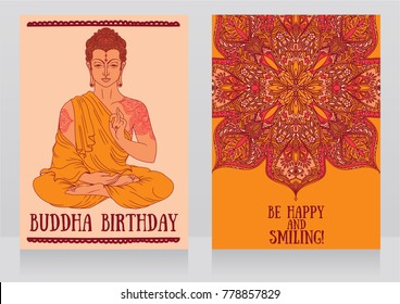 two cards for Buddha birthday with beautiful asian ornament, vector illustration