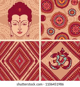 Two cards with Buddha head and sign "OM", and two ethnic ornaments, boho style, vector illustration