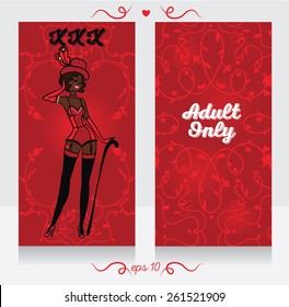 dos tarjetas en estilo burlesque, pueden ser usadas como invitación para xxx fiesta, banners para contenido sólo para adultos o tarjeta de visita para sexshop
