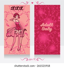 two cards in burlesque style, can be used as invitation for xxx party, banners for adult only content, or business card for sexshop