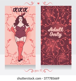 two cards in burlesque style with plus size model, can be used as invitation for xxx party, vector illustration