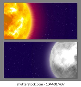 Two cards with celestial bodies moon and sun, night background, cartoon style. Flyers and posters on space theme, design for all. Vector background on astronomical matter