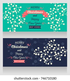 two cards for christmas and happy new year  with winter twigs,  vector illustration